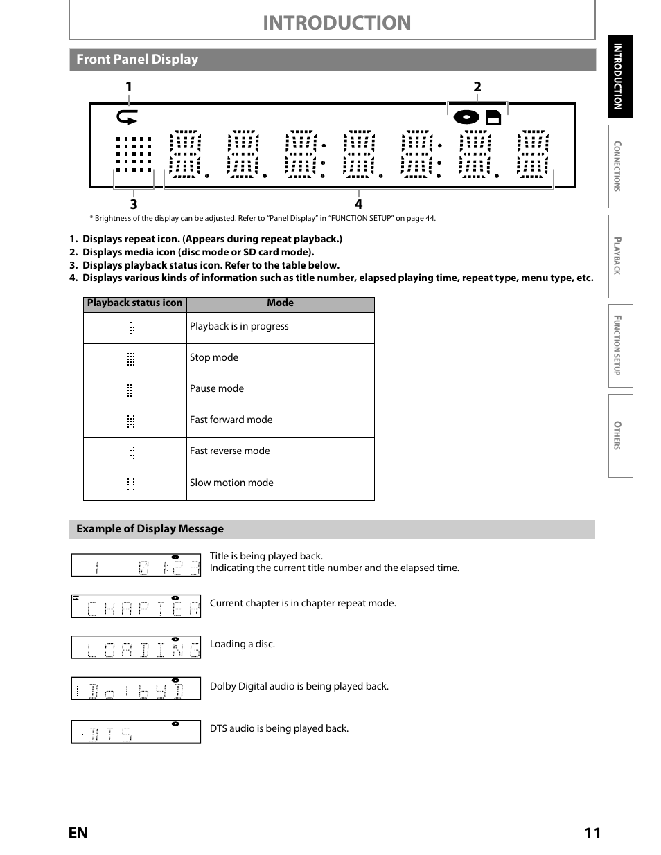 Front panel display, Introduction, 11 en | Toshiba BDX2000KU User Manual | Page 11 / 67