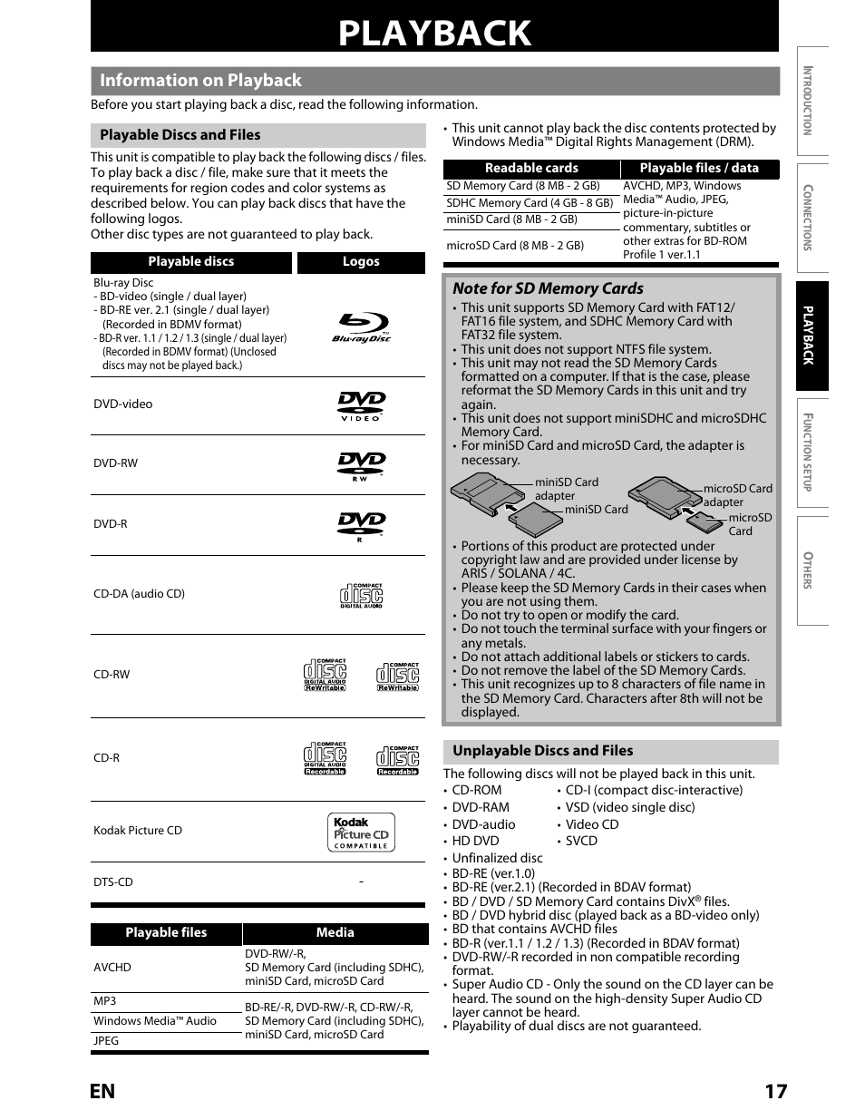 Disc compatibility, Sd card compatibility, File / format compatibility | Playback, Information on playback, 17 en | Toshiba BDX2000KU User Manual | Page 17 / 67