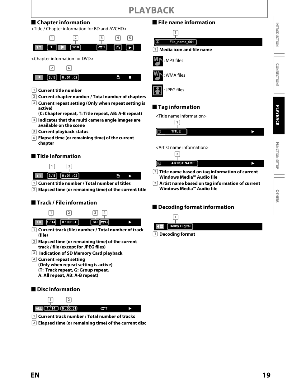 Playback, 19 en, S chapter information | S tag information s decoding format information | Toshiba BDX2000KU User Manual | Page 19 / 67