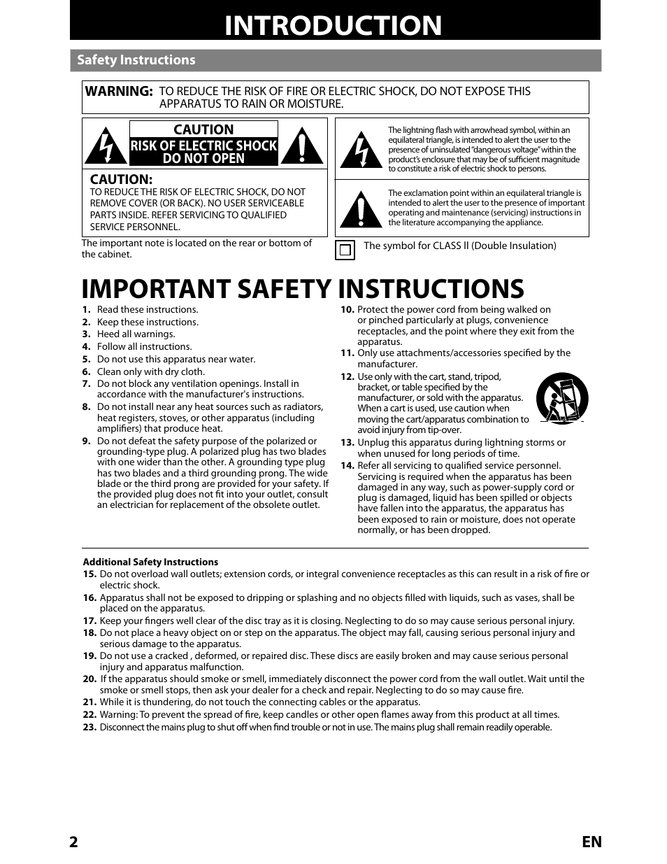 Introduction, Important safety instructions, Safety instructions warning | Caution, Caution risk of electric shock do not open | Toshiba BDX2000KU User Manual | Page 2 / 67