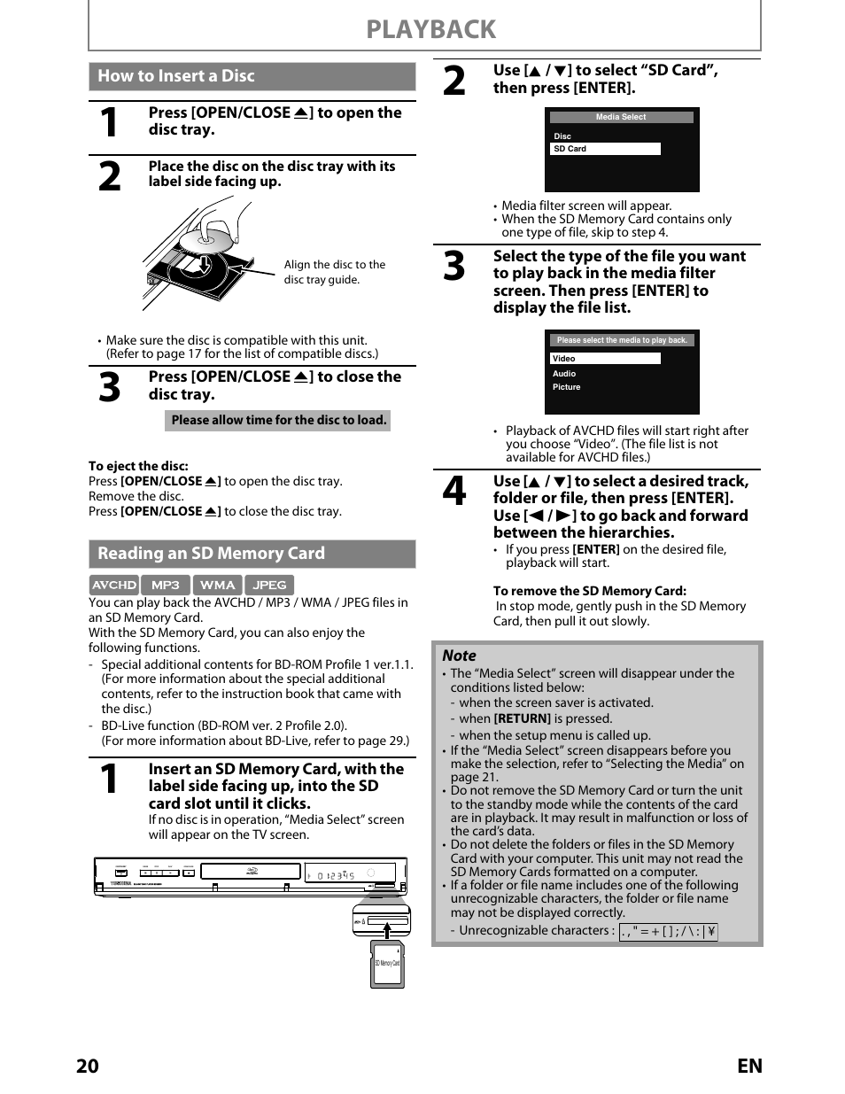 Inserting a disc, Reading an sd memory card, Playback | 20 en | Toshiba BDX2000KU User Manual | Page 20 / 67