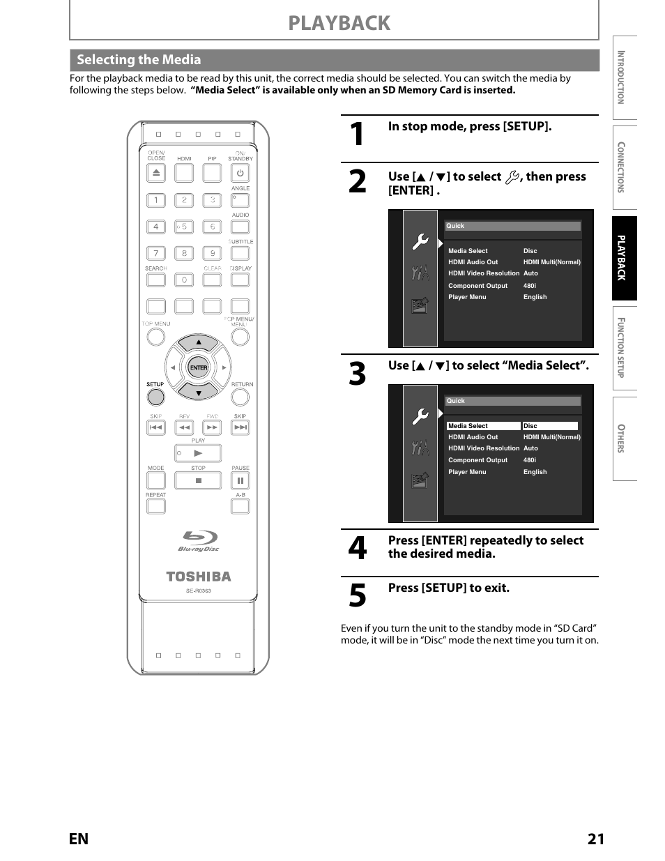 Selecting the media, Playback, 21 en | Toshiba BDX2000KU User Manual | Page 21 / 67