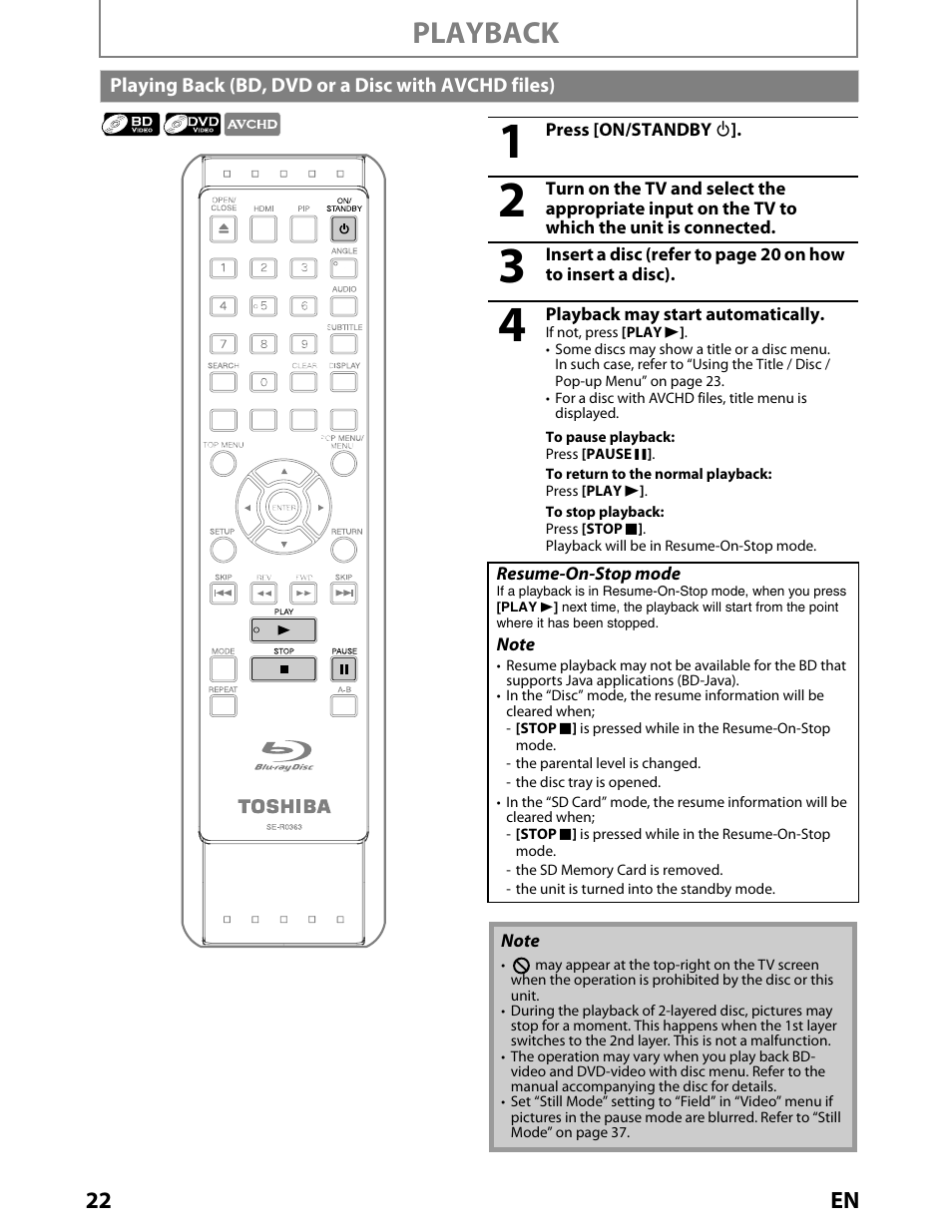 Playing bd, dvd or a disc with avchd files, Playback, 22 en | Toshiba BDX2000KU User Manual | Page 22 / 67