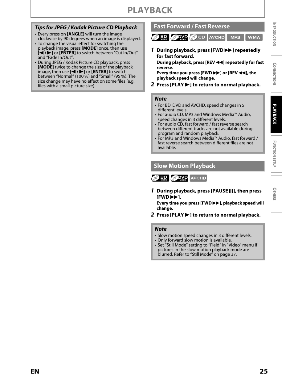 Fast forward / fast reverse, Slow motion playback, Playback | 25 en | Toshiba BDX2000KU User Manual | Page 25 / 67