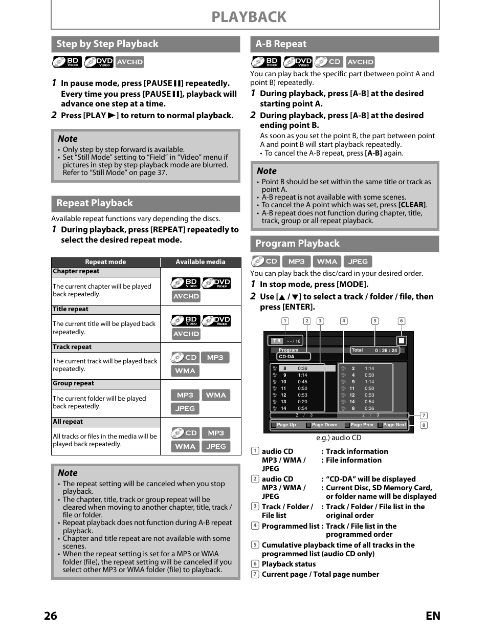 Step by step playback, Repeat playback, A-b repeat | Program playback, Playback, 26 en | Toshiba BDX2000KU User Manual | Page 26 / 67