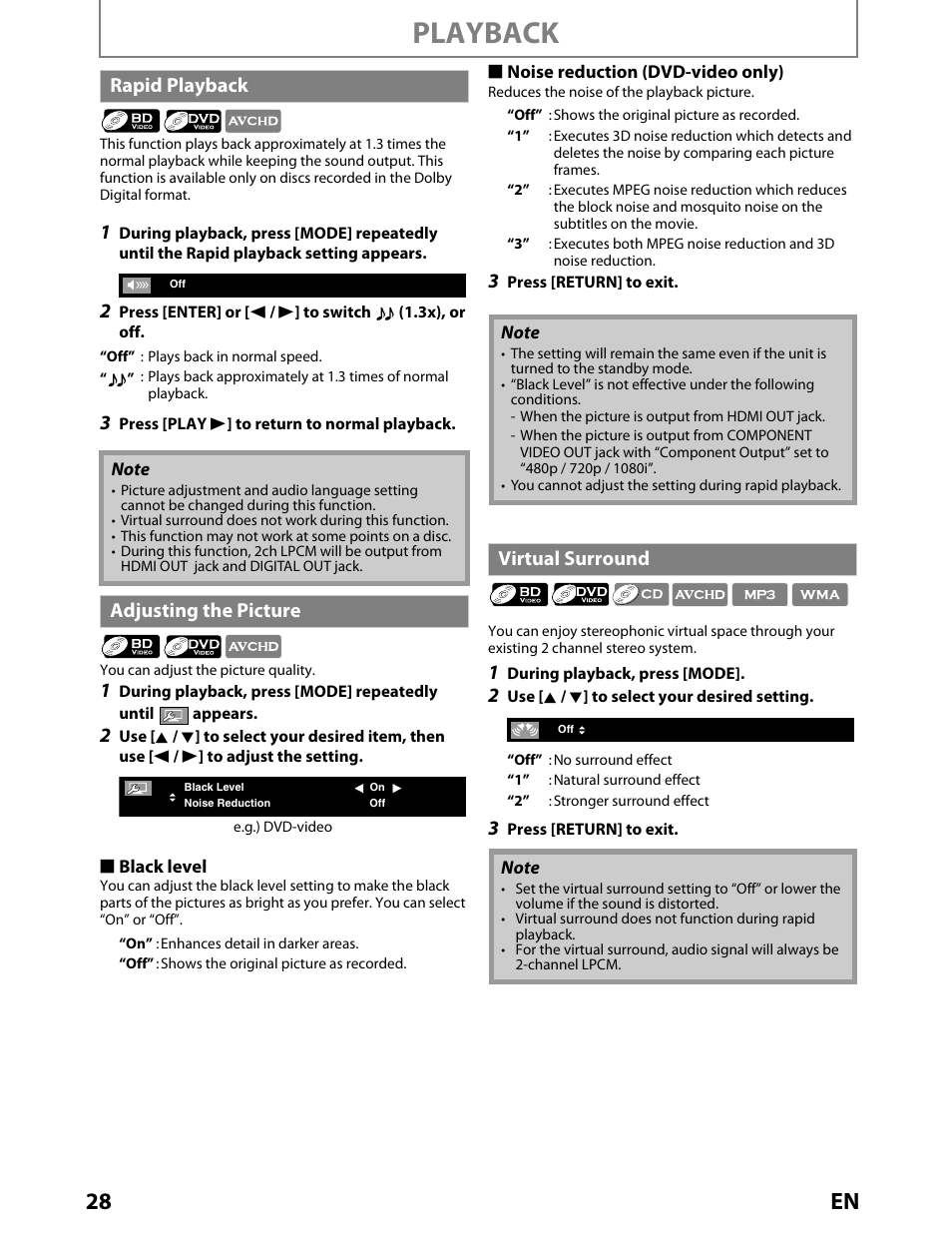 Rapid playback, Adjusting the picture, Virtual surround | Playback, 28 en | Toshiba BDX2000KU User Manual | Page 28 / 67