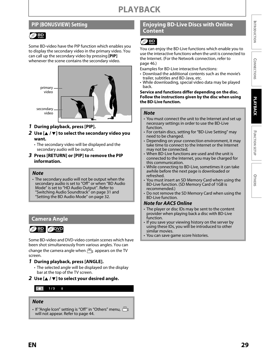 Pip (bonusview) setting, Camera angle, Enjoying bd-live discs with onlinecontent | Playback, 29 en, Enjoying bd-live discs with online content | Toshiba BDX2000KU User Manual | Page 29 / 67