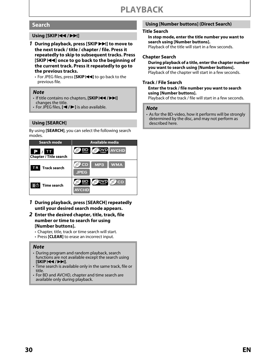 Search, Playback, 30 en | Toshiba BDX2000KU User Manual | Page 30 / 67