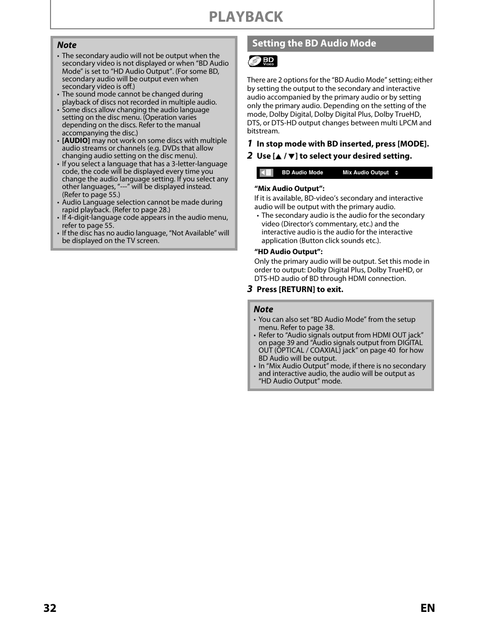 Setting the bd audio mode, Playback, 32 en | Toshiba BDX2000KU User Manual | Page 32 / 67