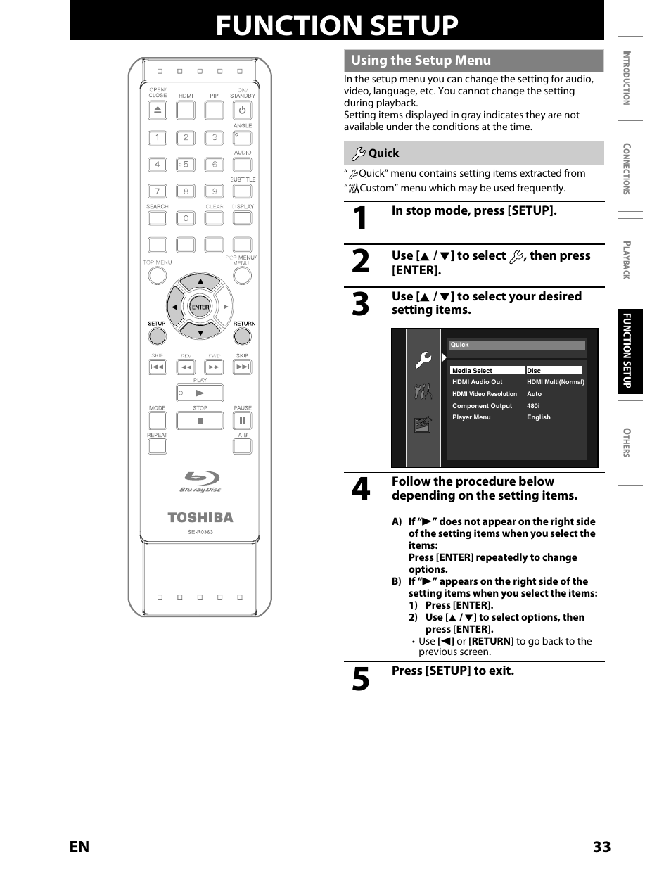 Function setup, Using the setup menu, Quick | 33 en | Toshiba BDX2000KU User Manual | Page 33 / 67