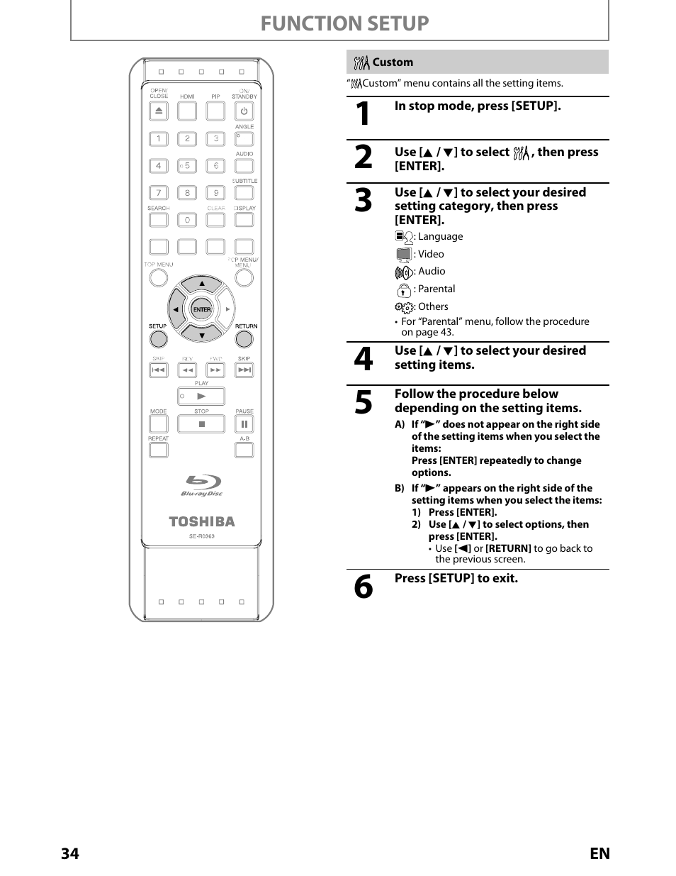 Custom, Function setup | Toshiba BDX2000KU User Manual | Page 34 / 67