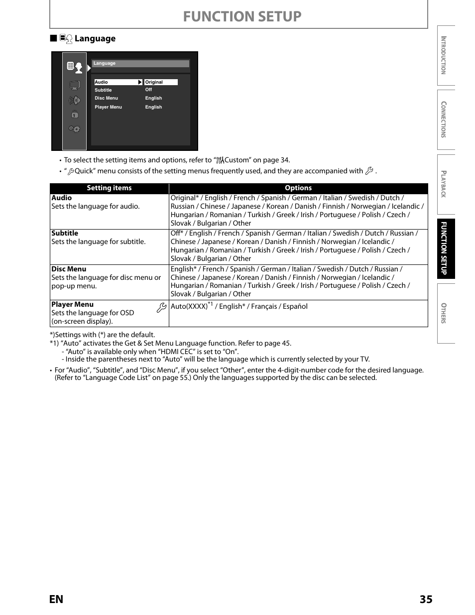 Language, Function setup, 35 en | Slanguage | Toshiba BDX2000KU User Manual | Page 35 / 67