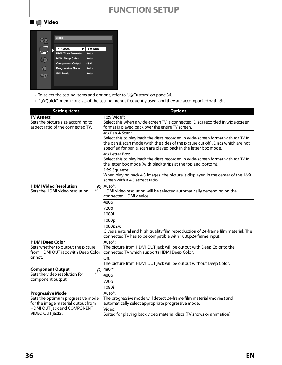 Video, Function setup, 36 en | Svideo | Toshiba BDX2000KU User Manual | Page 36 / 67