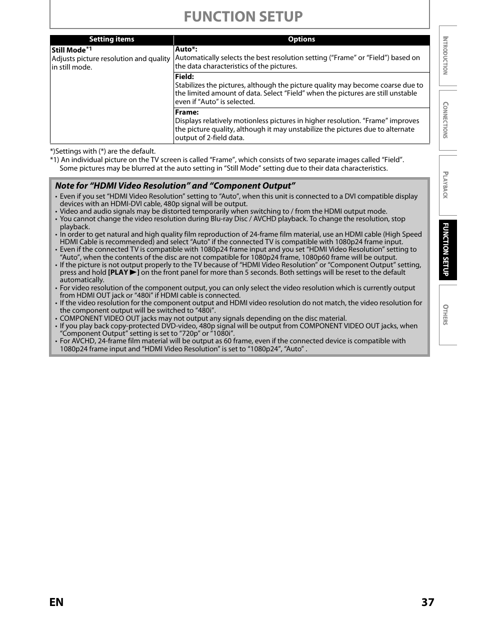 Reset video output, Function setup, 37 en | Toshiba BDX2000KU User Manual | Page 37 / 67