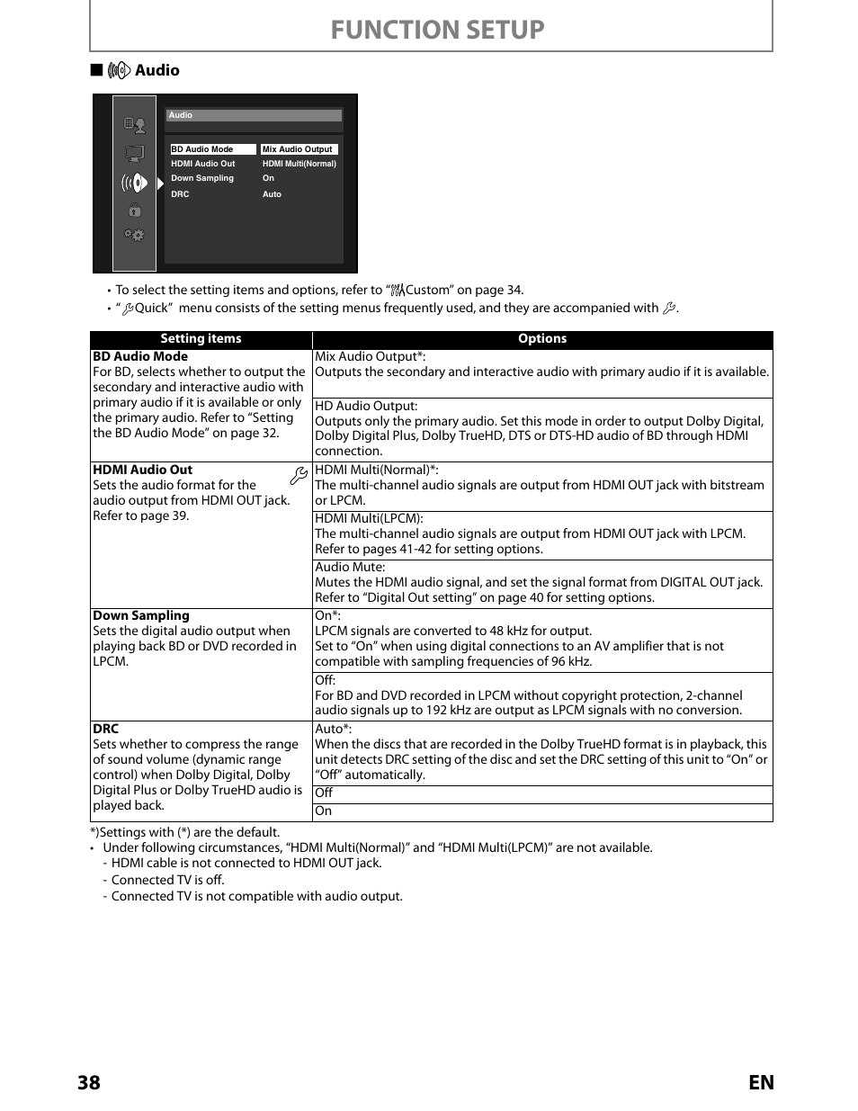 Audio, Function setup, 38 en | Saudio | Toshiba BDX2000KU User Manual | Page 38 / 67