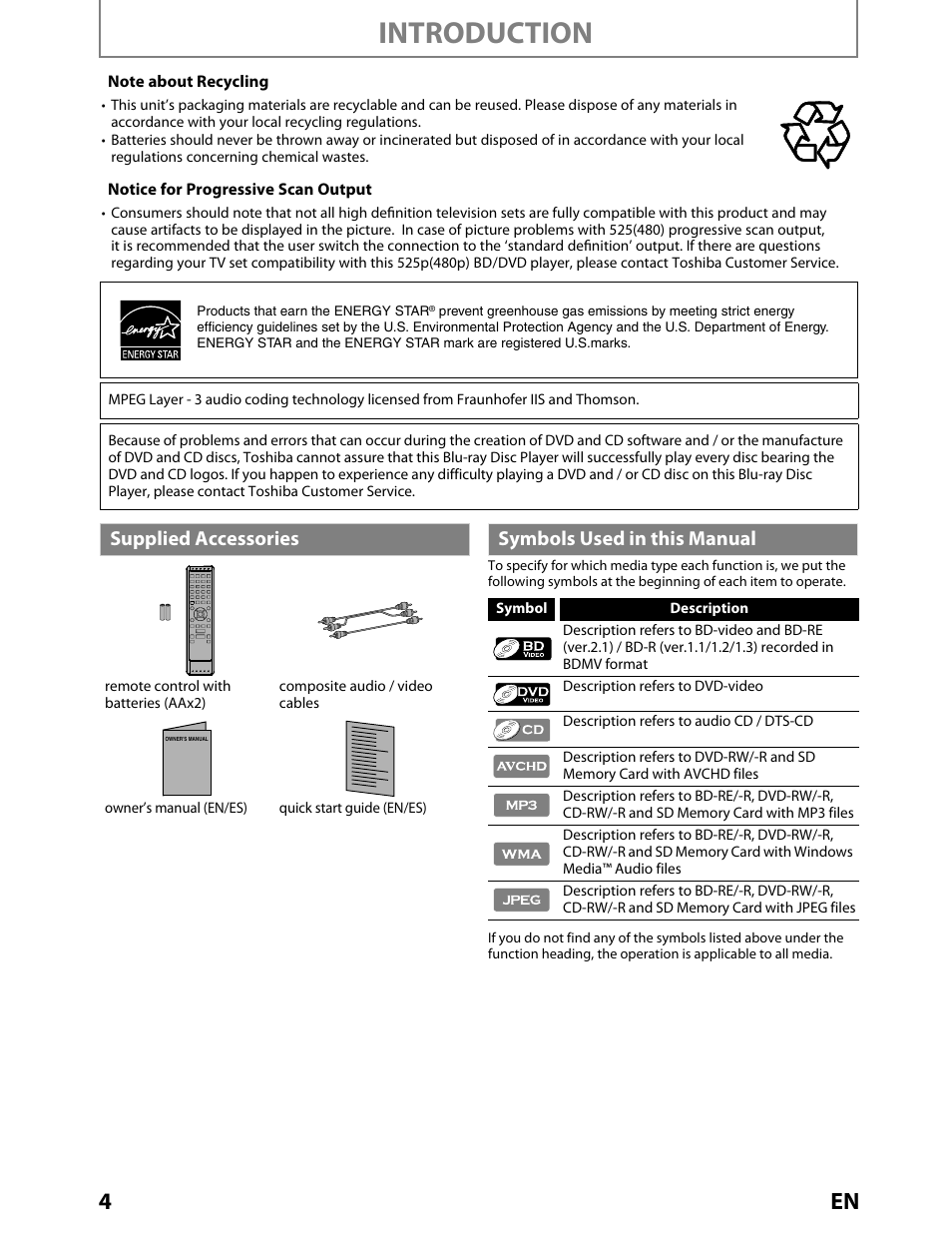 Supplied accessories, Introduction, Symbols used in this manual | Toshiba BDX2000KU User Manual | Page 4 / 67