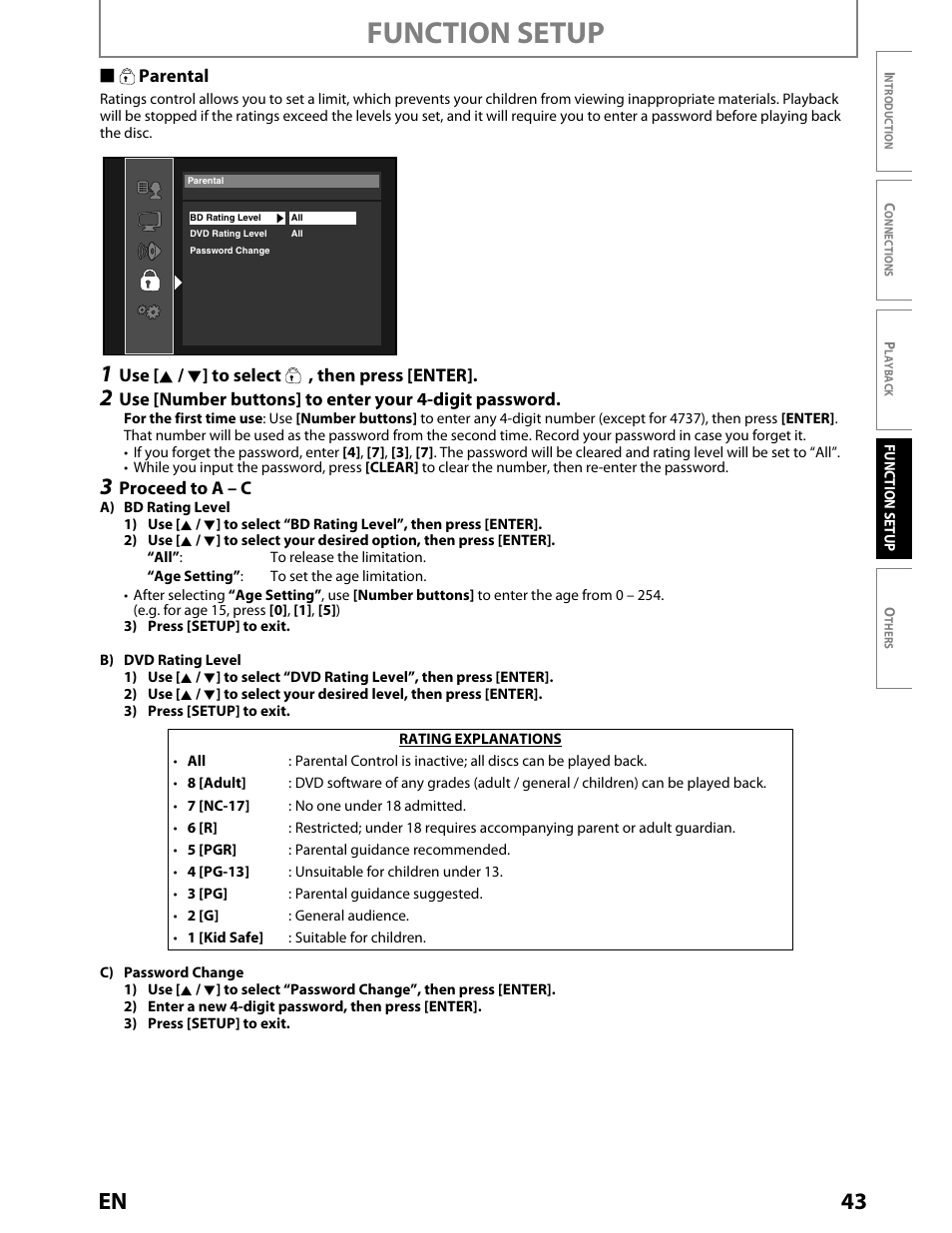 Parental, Function setup, 43 en | Toshiba BDX2000KU User Manual | Page 43 / 67