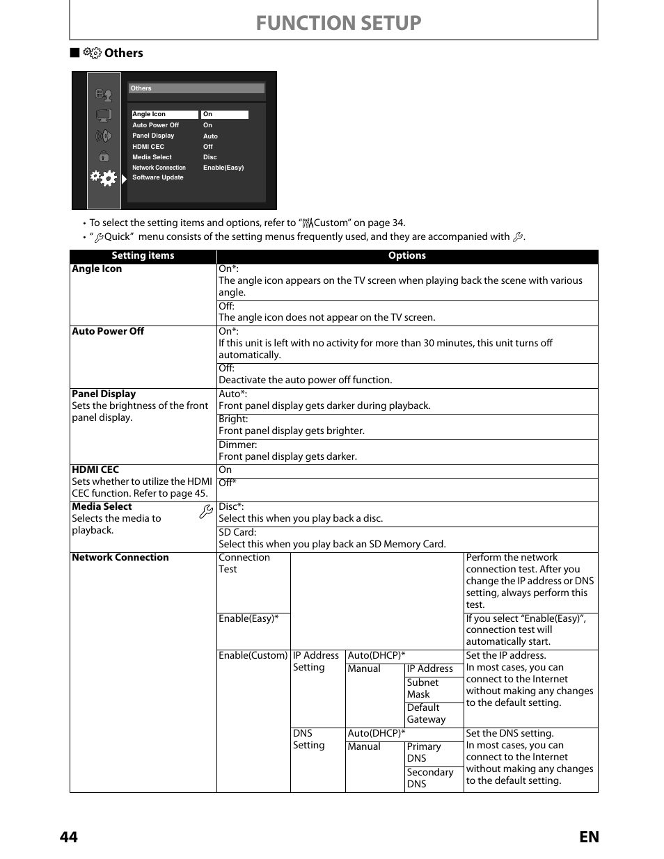 Others, Function setup, 44 en | Sothers | Toshiba BDX2000KU User Manual | Page 44 / 67