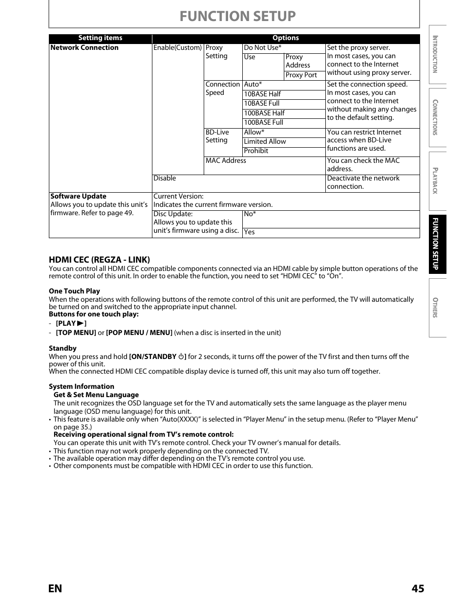 Function setup, 45 en | Toshiba BDX2000KU User Manual | Page 45 / 67