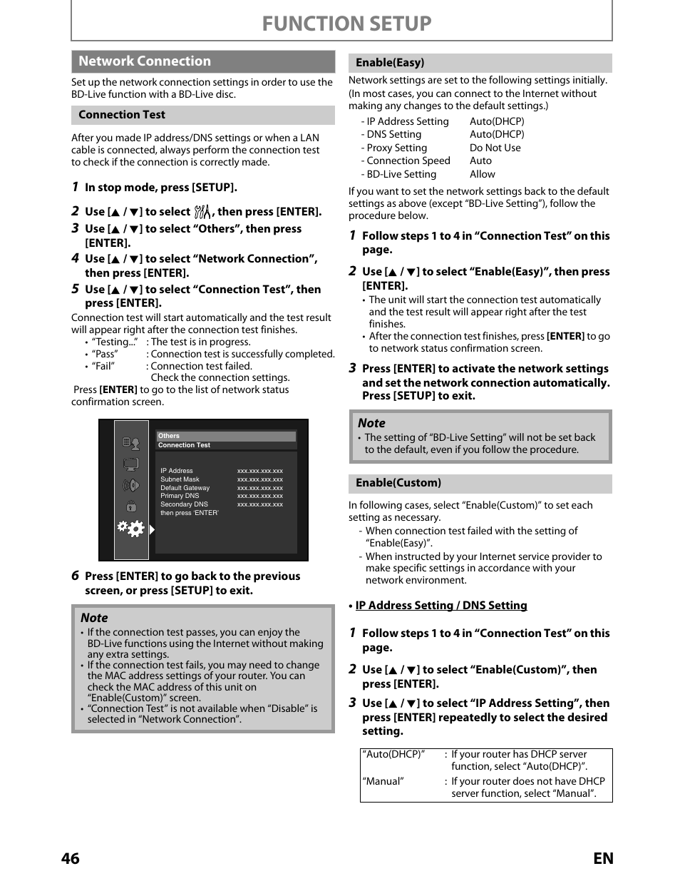 Network connection, Connection test, Enable(easy) | Enable(custom), Function setup, 46 en | Toshiba BDX2000KU User Manual | Page 46 / 67