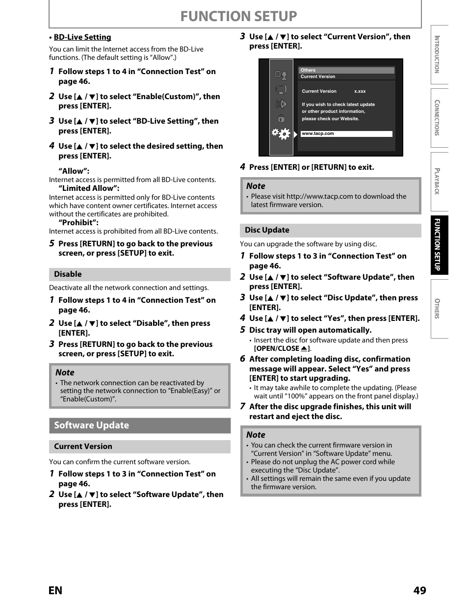 Disable, Software update, Current version | Disc update, Function setup, 49 en | Toshiba BDX2000KU User Manual | Page 49 / 67