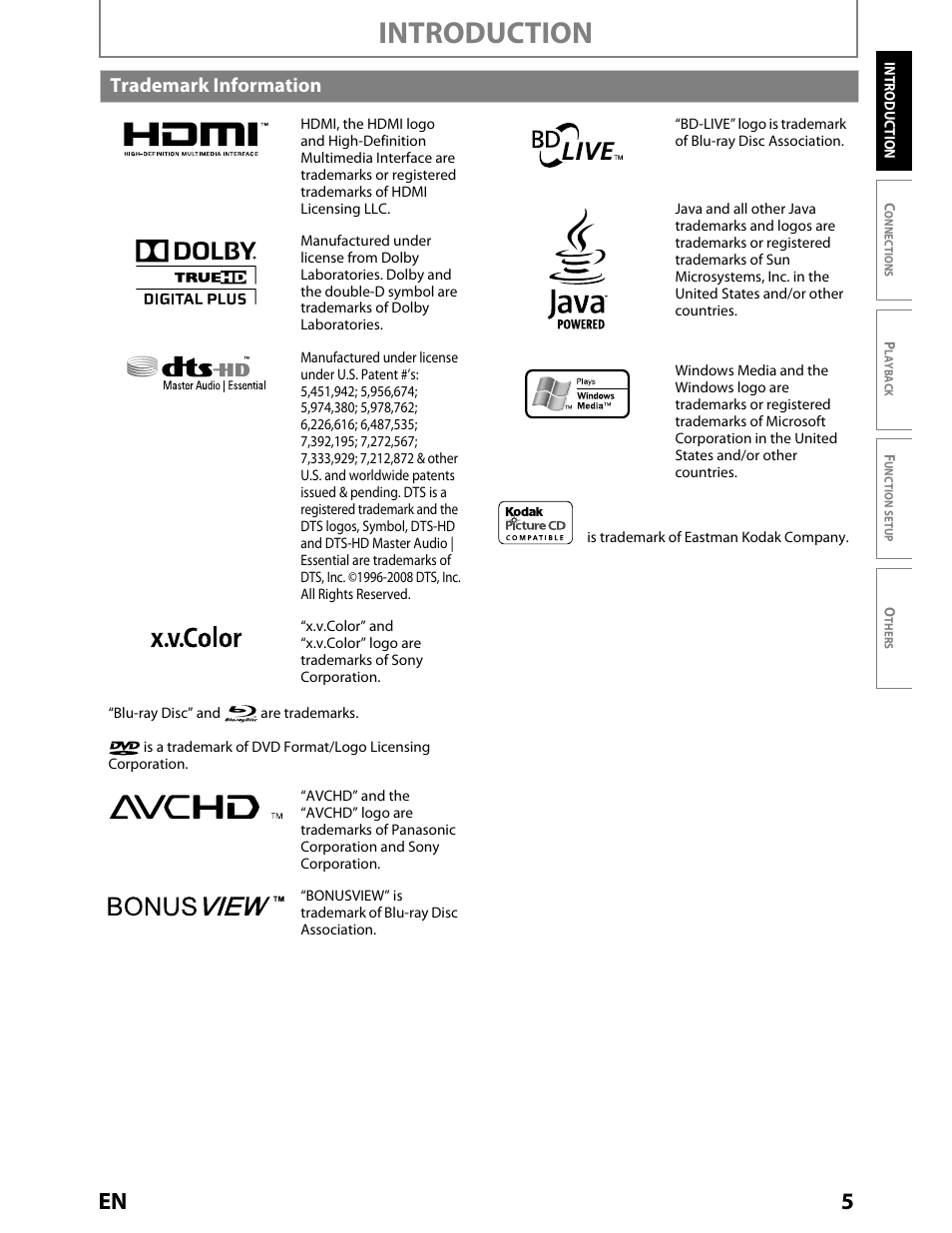 Introduction, Trademark information | Toshiba BDX2000KU User Manual | Page 5 / 67