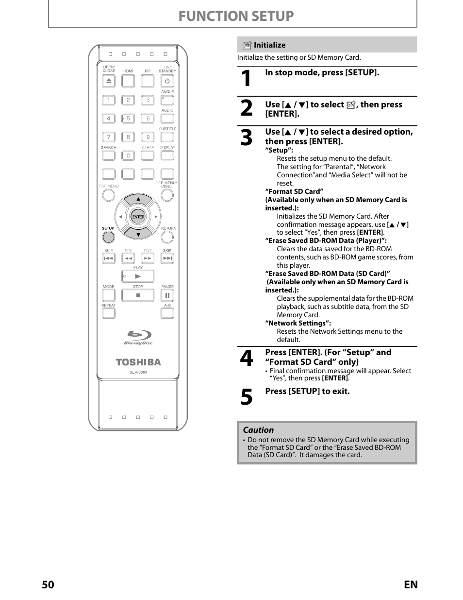 Initialize, Function setup | Toshiba BDX2000KU User Manual | Page 50 / 67