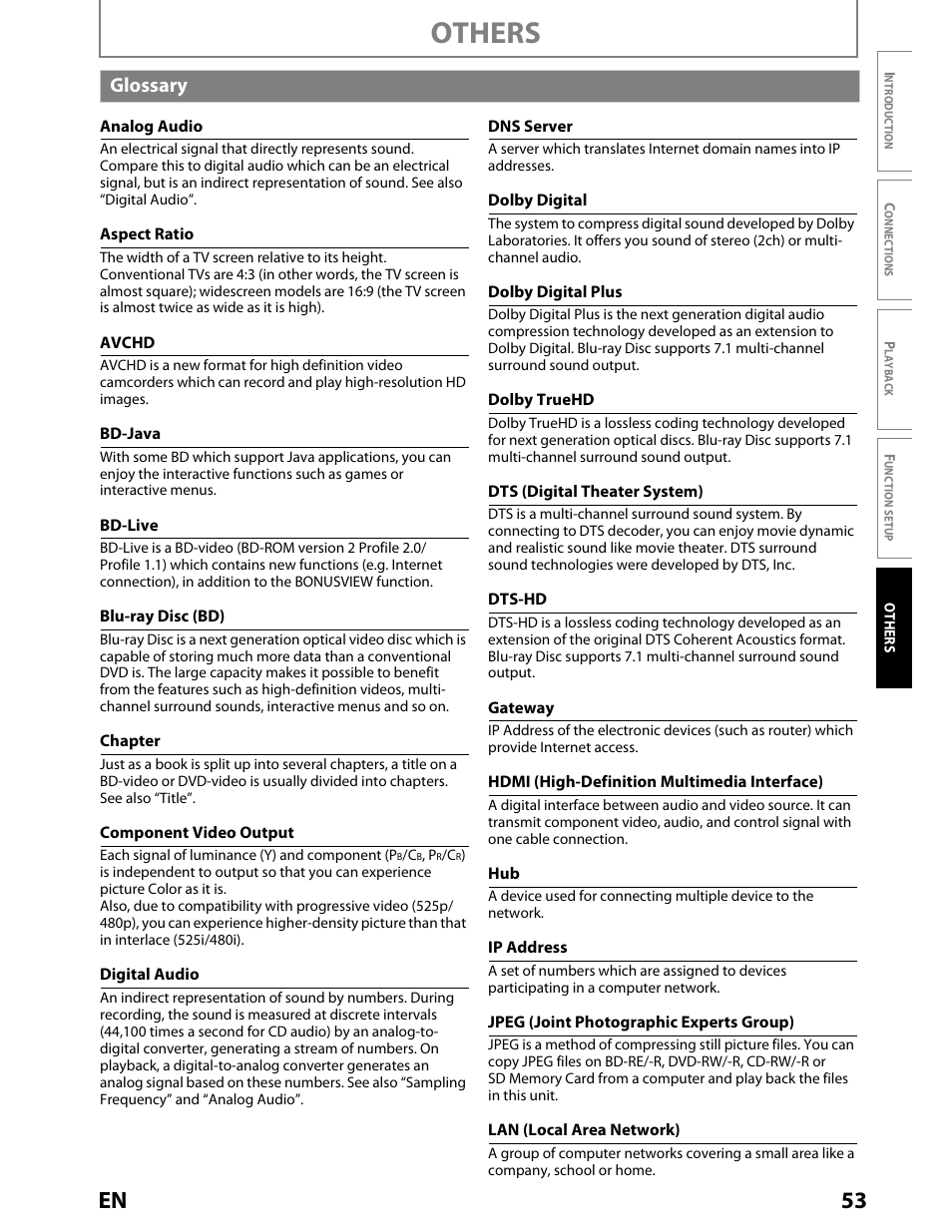 Glossary, Others, 53 en | Toshiba BDX2000KU User Manual | Page 53 / 67