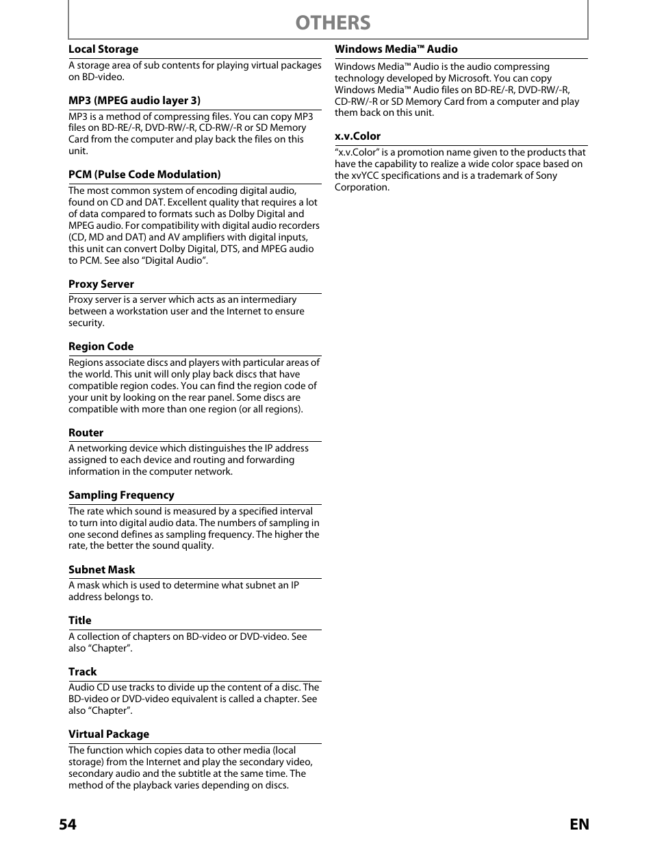 Others, 54 en | Toshiba BDX2000KU User Manual | Page 54 / 67