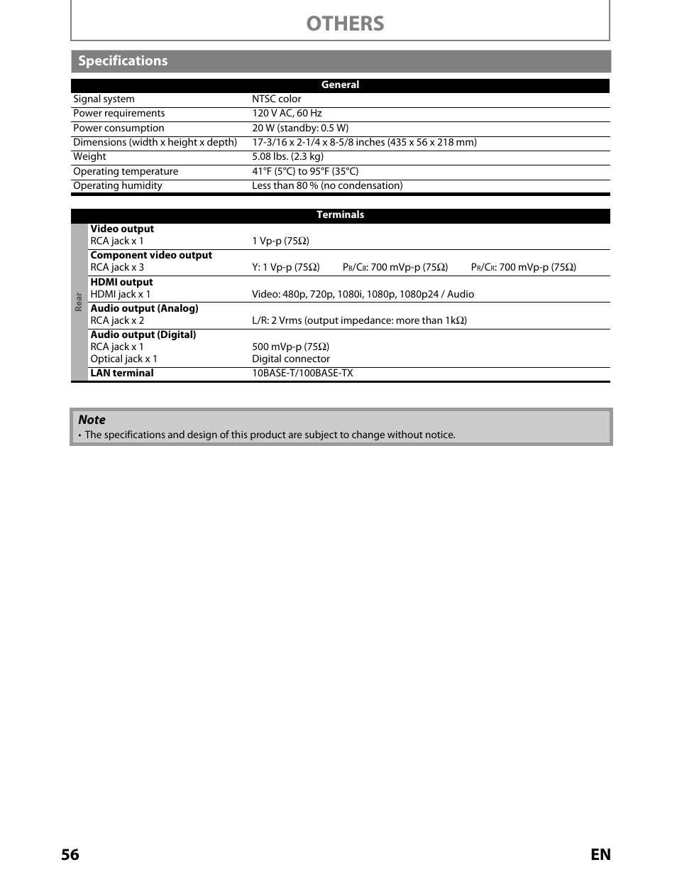 Specs, Others, 56 en | Specifications | Toshiba BDX2000KU User Manual | Page 56 / 67