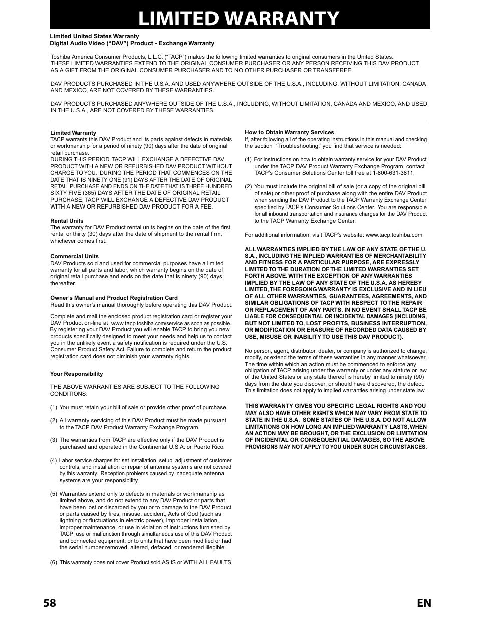 Warranty, Limited warranty, 58 en | Toshiba BDX2000KU User Manual | Page 58 / 67