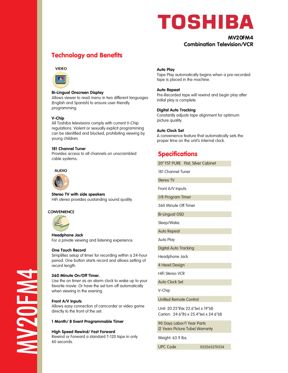 Mv20fm4, Technology and benefits, Specifications | Toshiba MV 20FM4 User Manual | Page 2 / 2