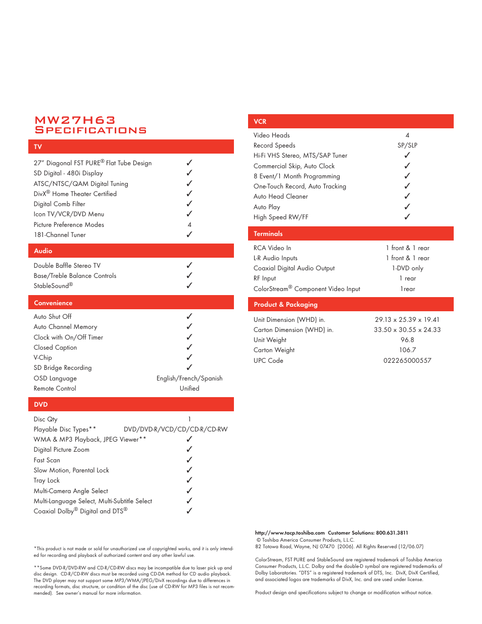 Mw27h63 specifications | Toshiba MW27H63 User Manual | Page 2 / 2