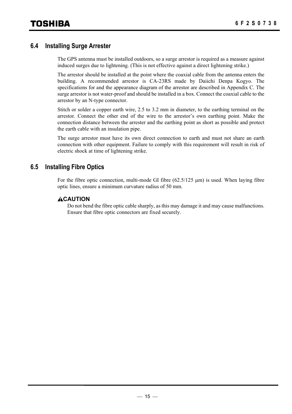 4 installing surge arrester, 5 installing fibre optics | Toshiba HHGP1 User Manual | Page 17 / 37