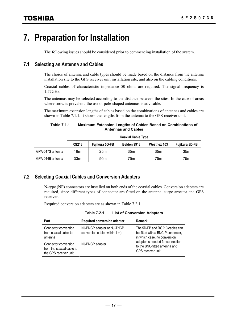Preparation for installation, 1 selecting an antenna and cables, 2 selecting coaxial cables and conversion adapters | Toshiba HHGP1 User Manual | Page 19 / 37