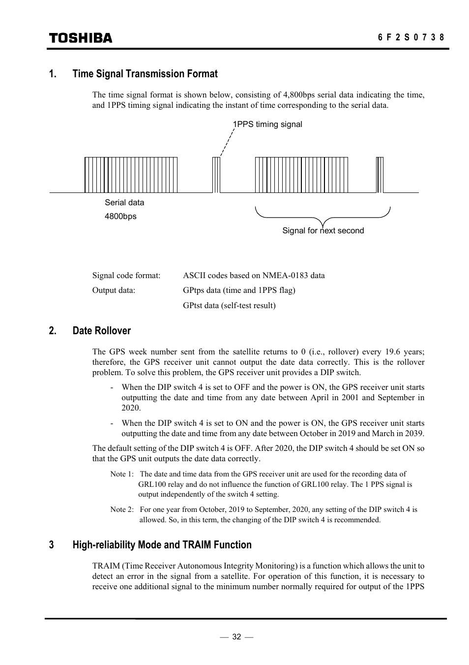 Time signal transmission format, Date rollover, 3high-reliability mode and traim function | Toshiba HHGP1 User Manual | Page 34 / 37