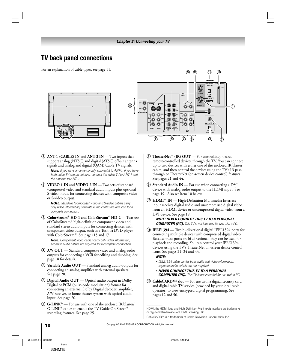 Tv back panel connections | Toshiba Integrated High Definition DLP 62HM15 User Manual | Page 10 / 108