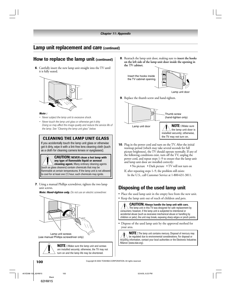 Lamp unit replacement and care, Disposing of the used lamp unit, How to replace the lamp unit | Cleaning the lamp unit glass | Toshiba Integrated High Definition DLP 62HM15 User Manual | Page 100 / 108