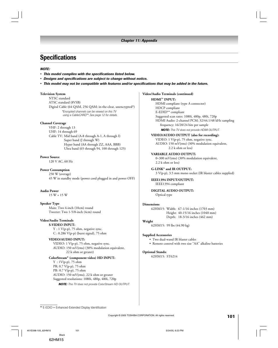 Specifications | Toshiba Integrated High Definition DLP 62HM15 User Manual | Page 101 / 108