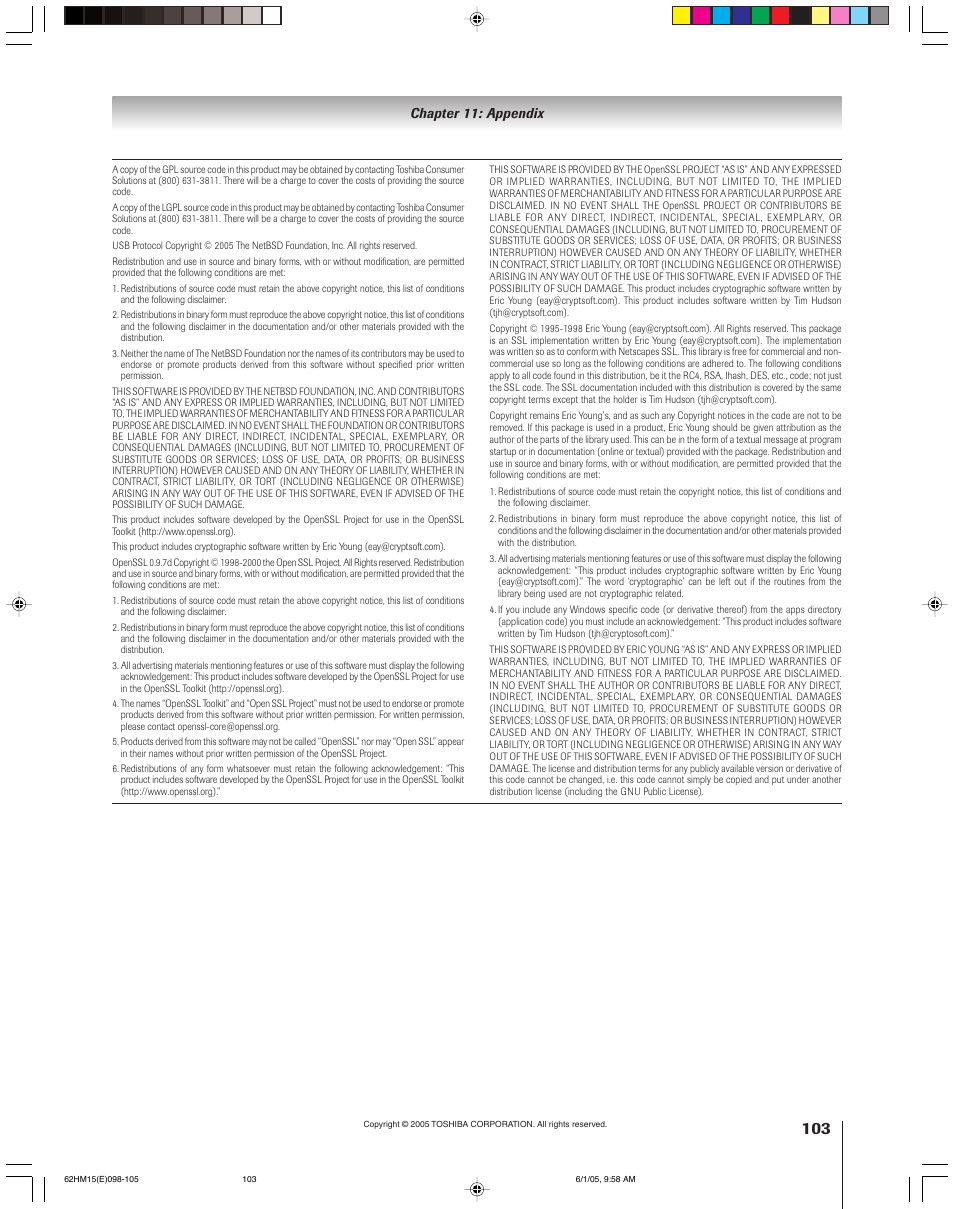 Chapter 11: appendix | Toshiba Integrated High Definition DLP 62HM15 User Manual | Page 103 / 108