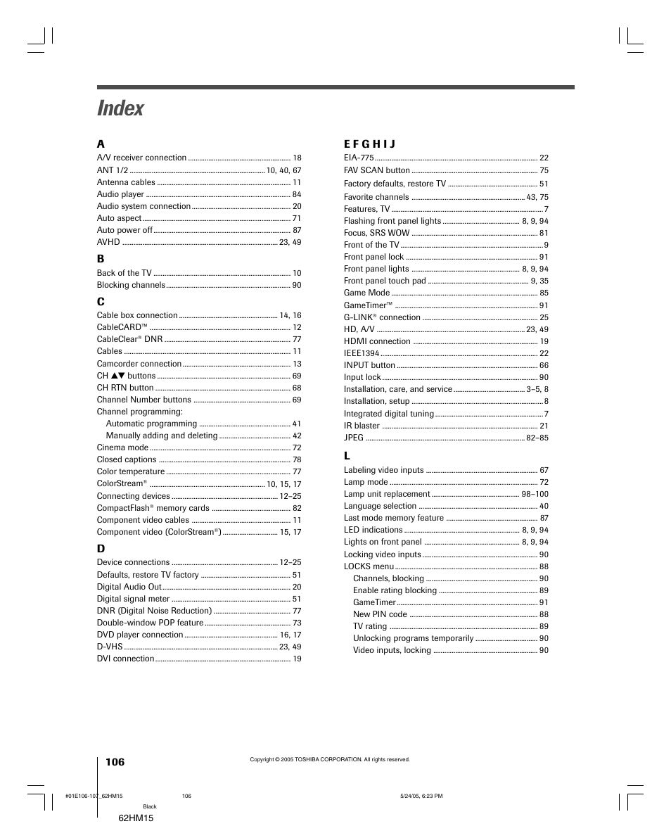 Index | Toshiba Integrated High Definition DLP 62HM15 User Manual | Page 106 / 108