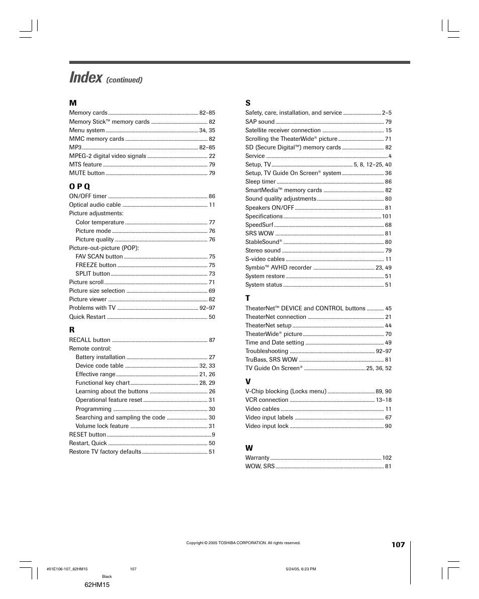 Index | Toshiba Integrated High Definition DLP 62HM15 User Manual | Page 107 / 108