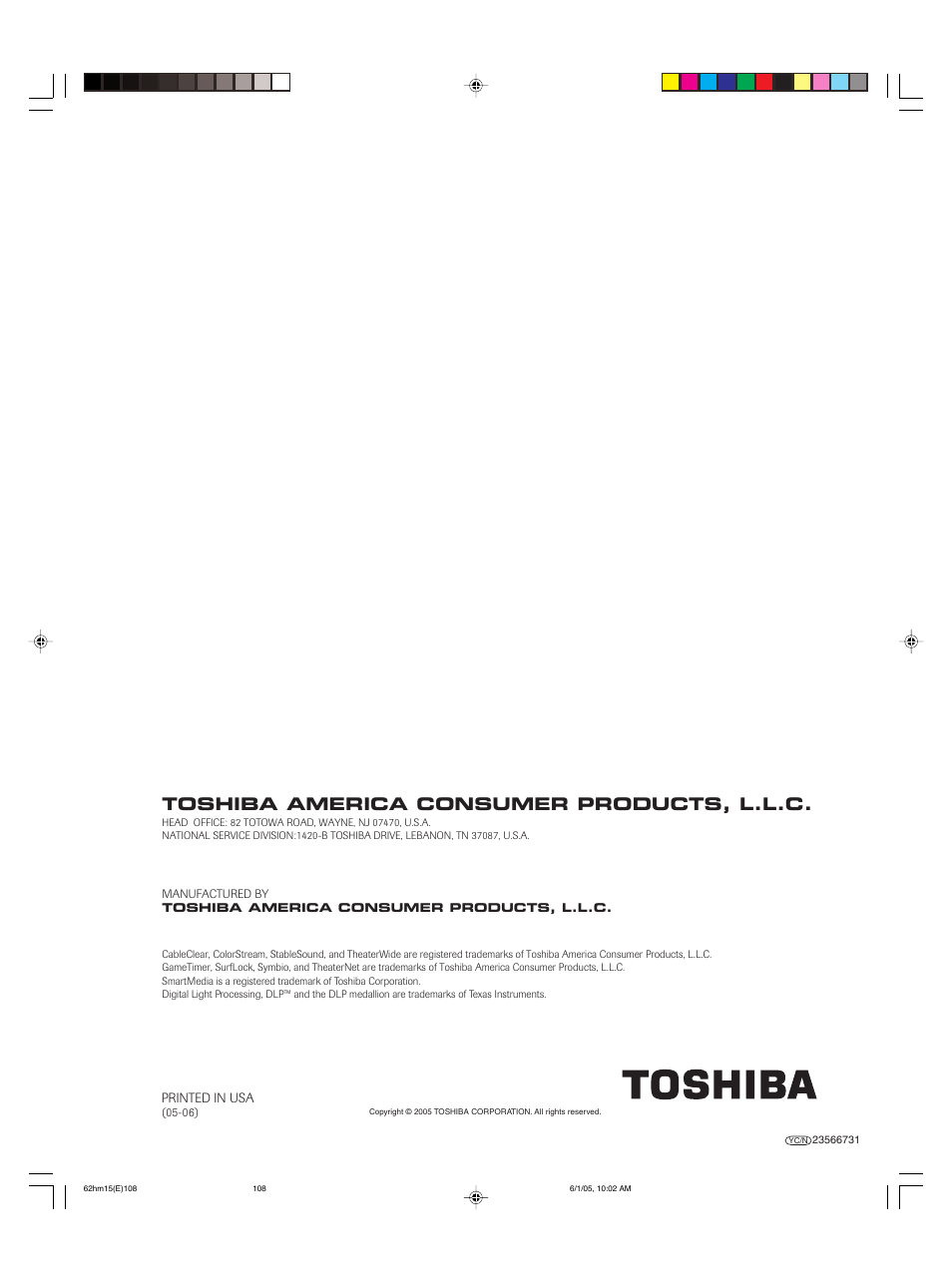 Toshiba america consumer products, l.l.c | Toshiba Integrated High Definition DLP 62HM15 User Manual | Page 108 / 108