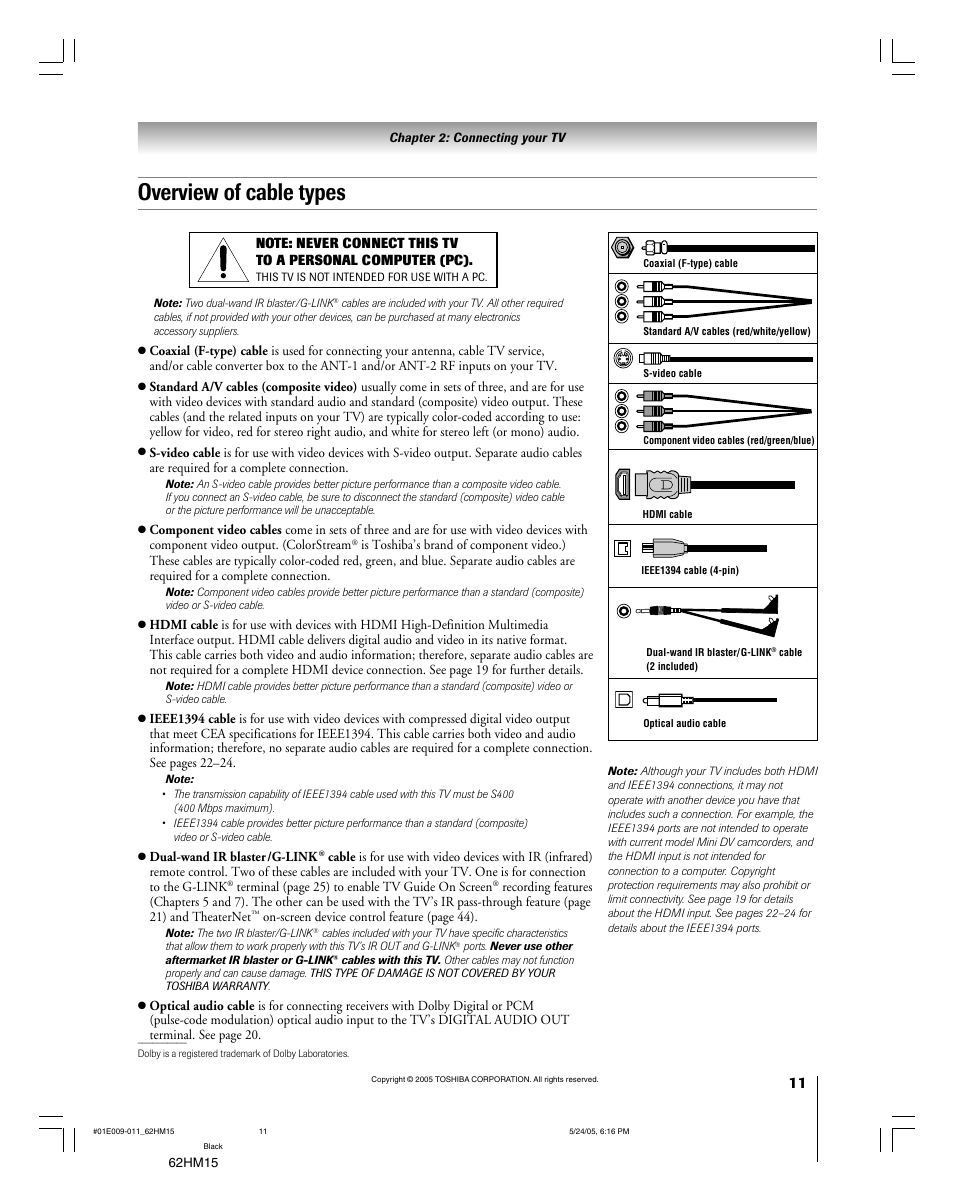 Overview of cable types | Toshiba Integrated High Definition DLP 62HM15 User Manual | Page 11 / 108