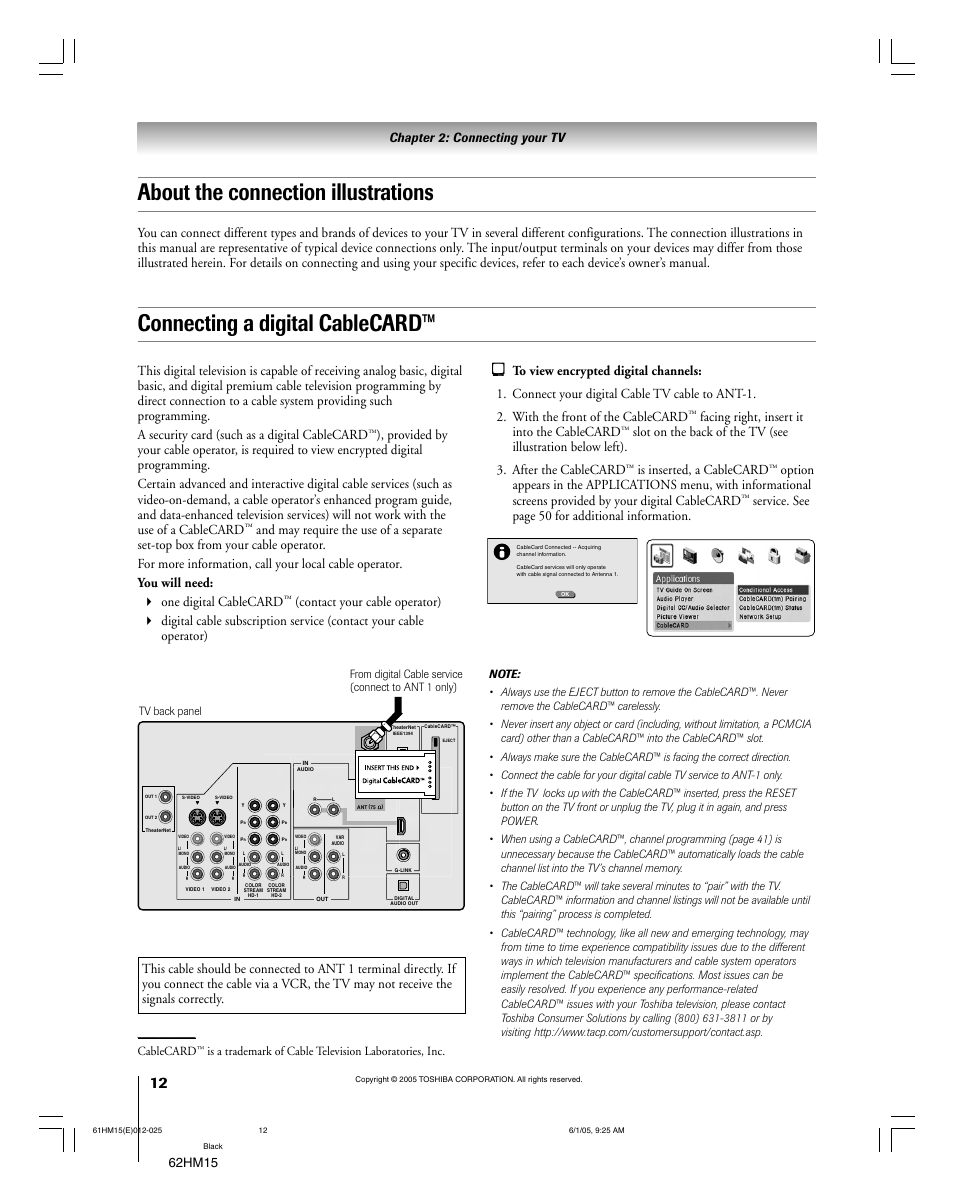 About the connection illustrations, Connecting a digital cablecard, Facing right, insert it into the cablecard | Is inserted, a cablecard, Service. see page 50 for additional information, Cablecard | Toshiba Integrated High Definition DLP 62HM15 User Manual | Page 12 / 108