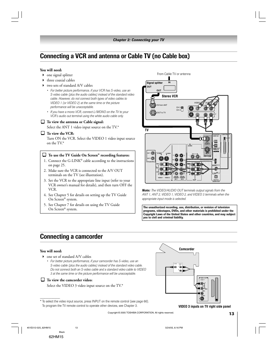 Connecting a camcorder, Recording features: 1. connect the g-link, System | You will need: one set of standard a/v cables | Toshiba Integrated High Definition DLP 62HM15 User Manual | Page 13 / 108