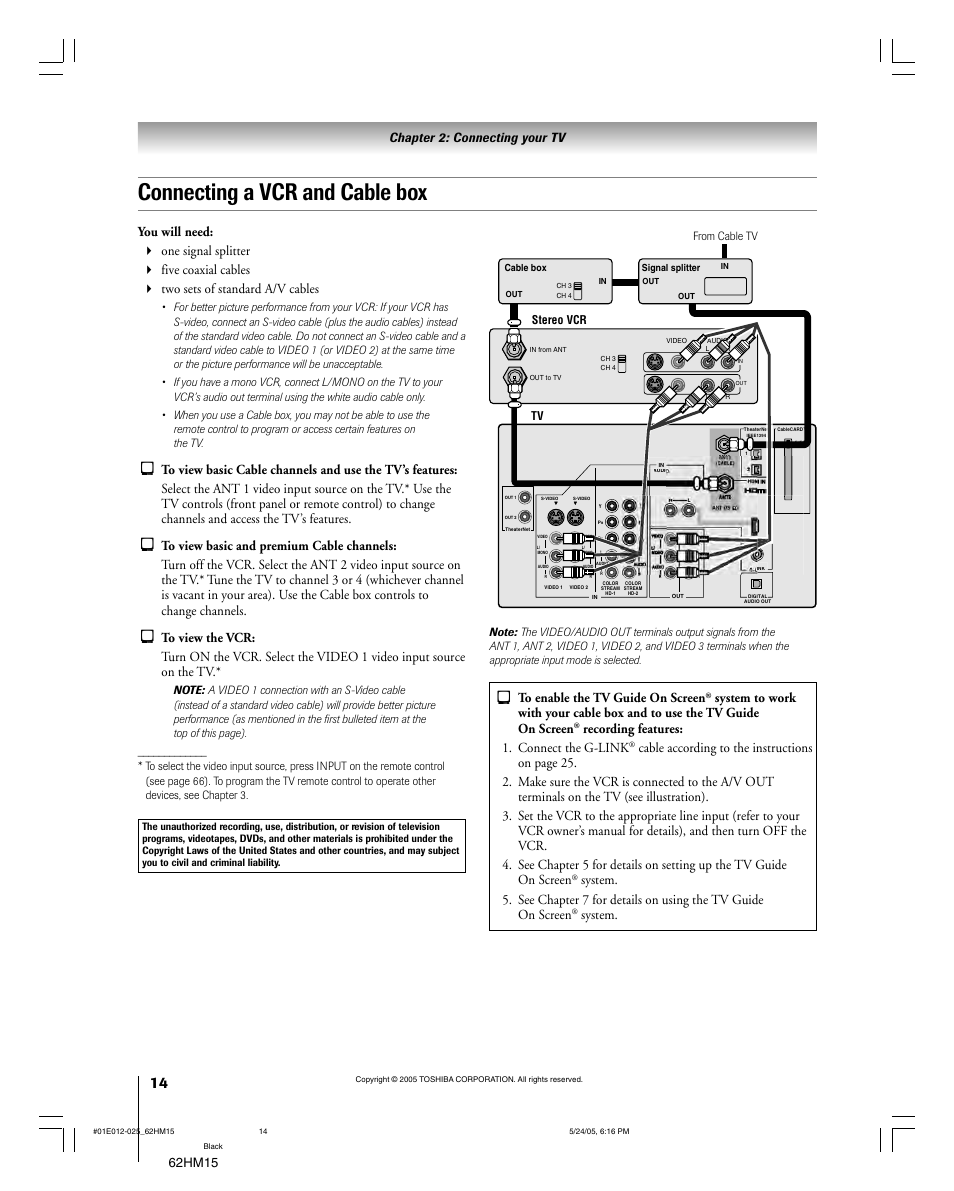 Connecting a vcr and cable box, Recording features: 1. connect the g-link, System | Toshiba Integrated High Definition DLP 62HM15 User Manual | Page 14 / 108