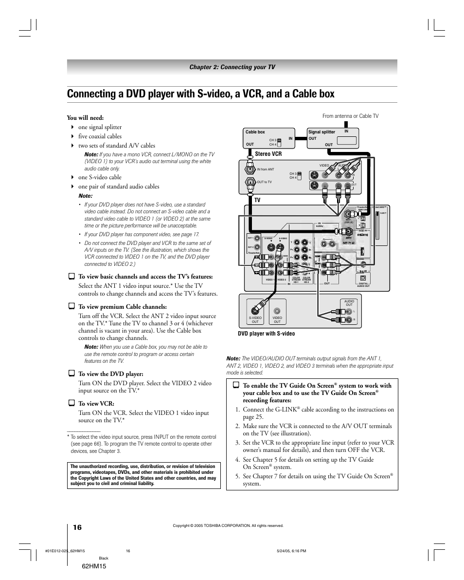 Recording features: 1. connect the g-link, System | Toshiba Integrated High Definition DLP 62HM15 User Manual | Page 16 / 108