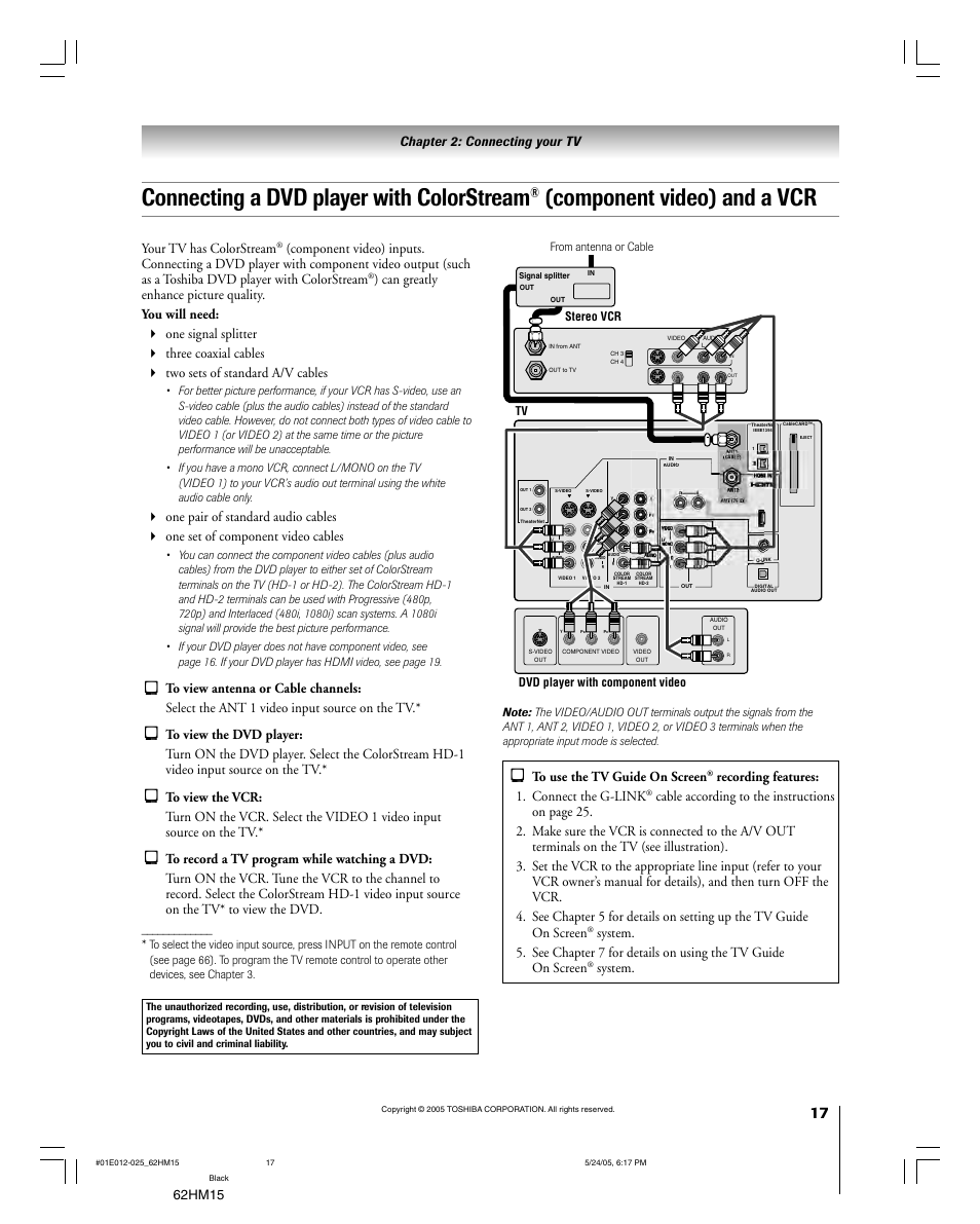 Connecting a dvd player with colorstream, Component video) and a vcr, Your tv has colorstream | Recording features: 1. connect the g-link, System | Toshiba Integrated High Definition DLP 62HM15 User Manual | Page 17 / 108