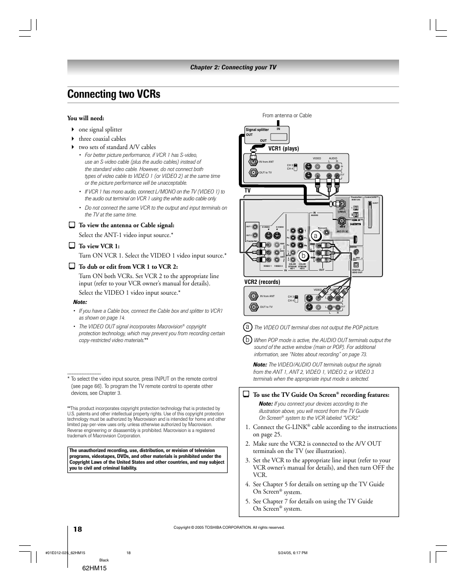 Connecting two vcrs, Recording features, Connect the g-link | System | Toshiba Integrated High Definition DLP 62HM15 User Manual | Page 18 / 108